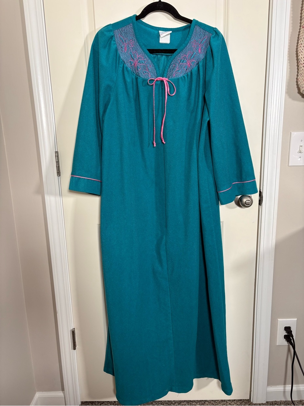 Teal Long-Sleeve Women's Nightgown with Pink Embroidered Yoke
